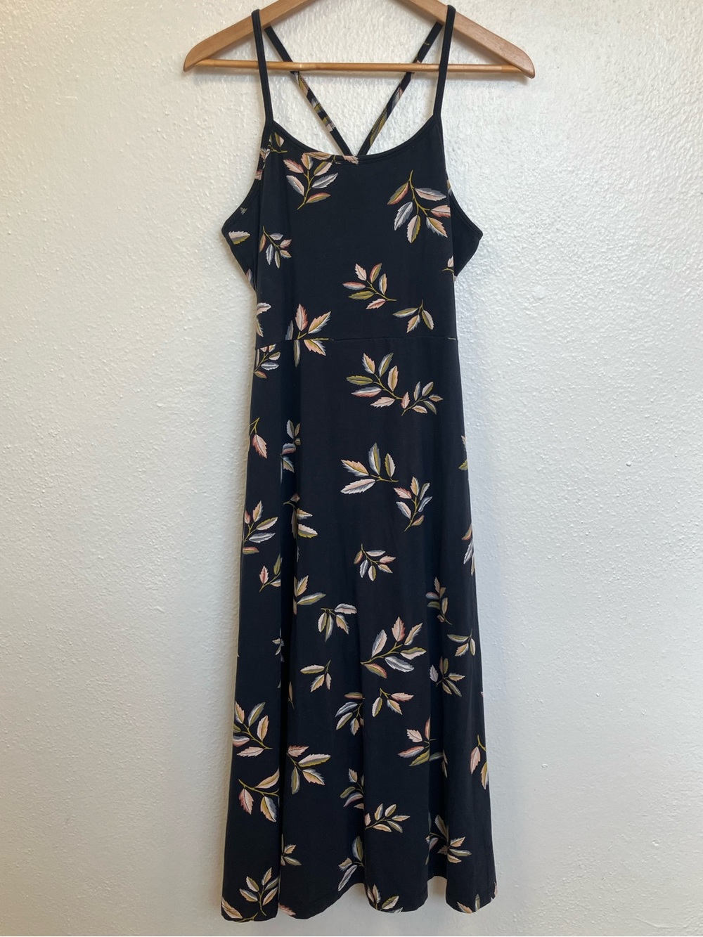 Pact Organic Cotton Fit & Flare Midi Dress XL Black Leaf Print Shelf Bra Pockets